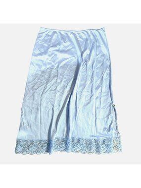 Vintage Women's Small Light Blue Half Slip Lace Trim Side Slit Lingerie Midi